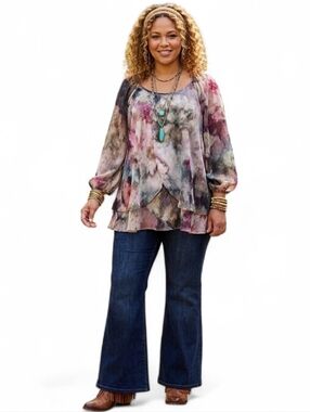 Haver London Abstract Watercolor Layered Blouse 1X Gold Metallic